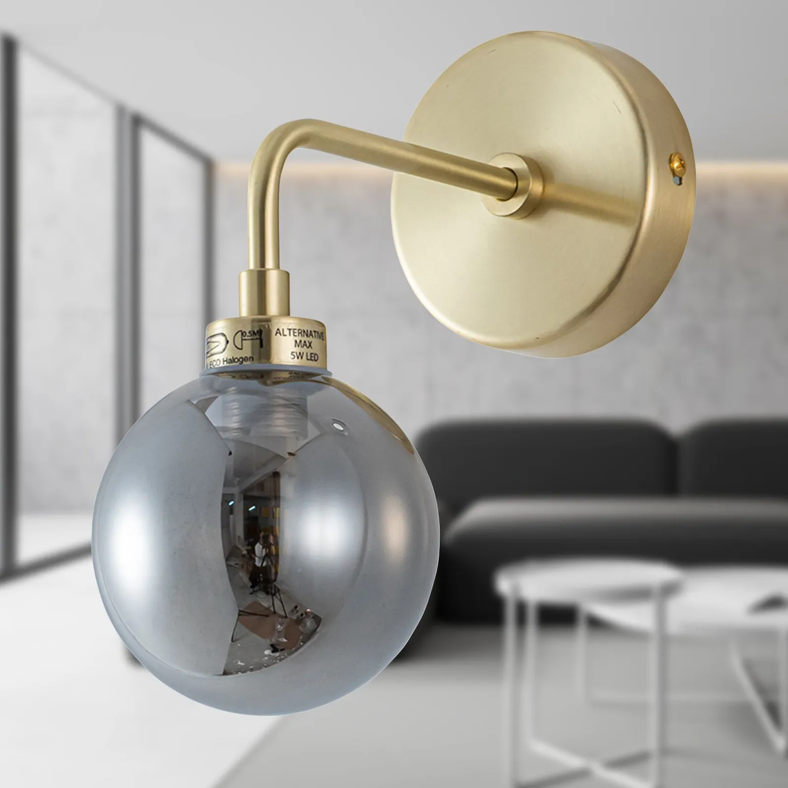 First Choice Lighting Toner - Satin Brass with Smoked Glass Globe Wall Light in Gold 3