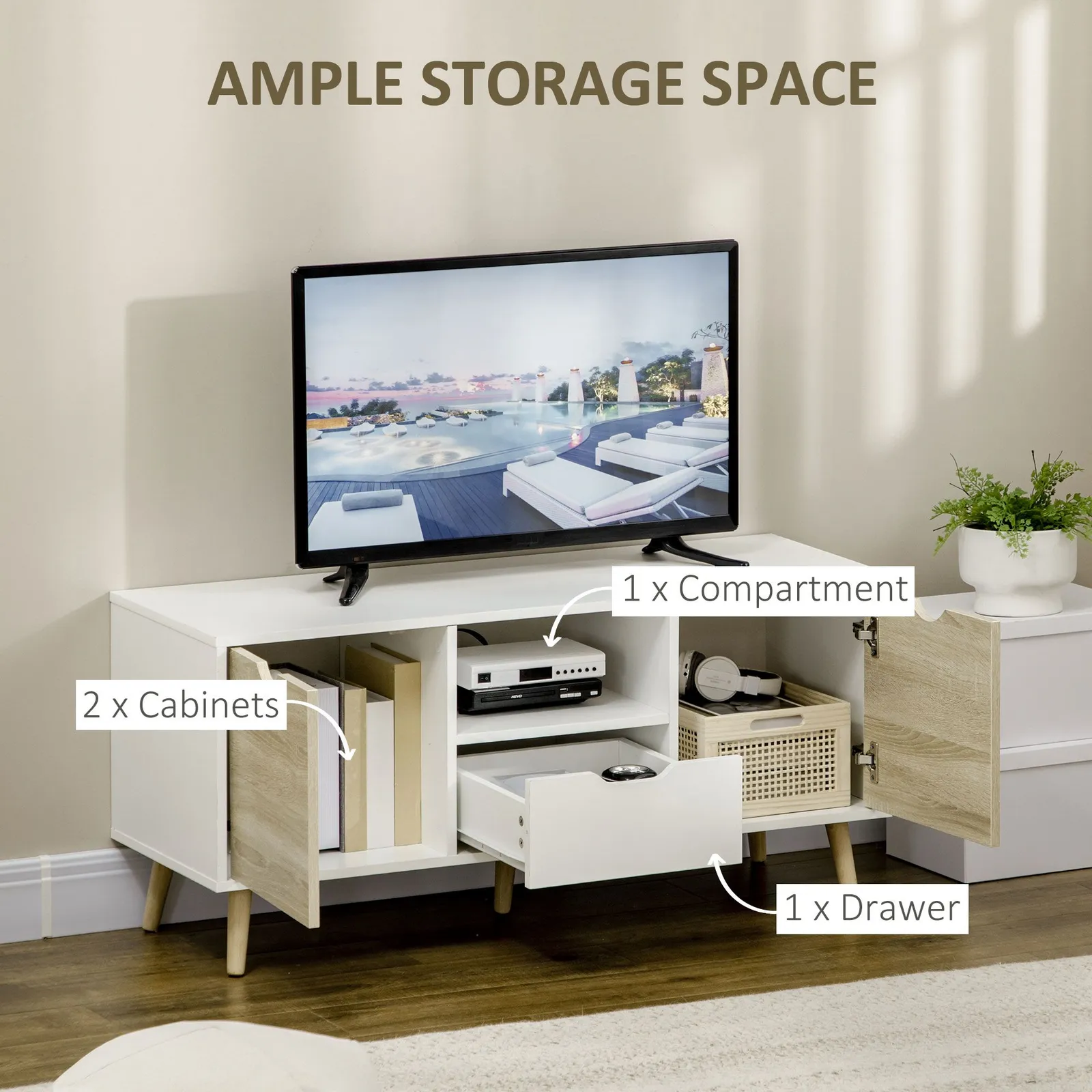 HOMCOM Modern TV Unit Cabinet Stand with Cabinets & Drawer in Light Brown 4