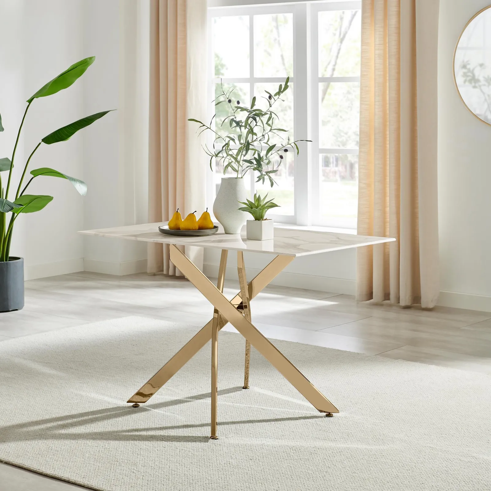 FurnitureboxUK Leonardo White Glass Marble Effect Gold Leg Table & 4 Milan Gold Leg Chairs in Beige 3