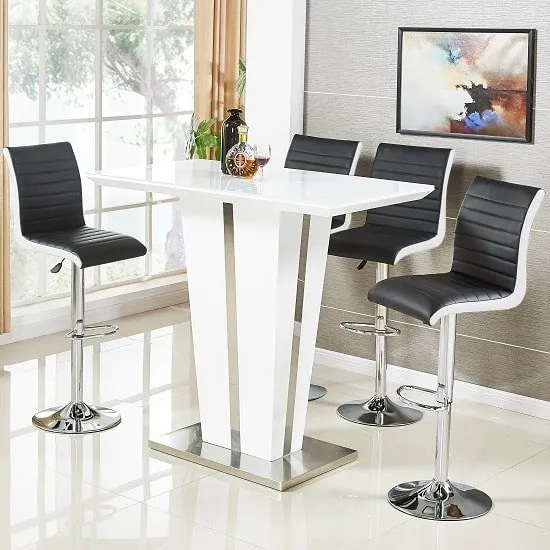 Memphis Glass Bar Table High Gloss White 4 Ritz Black Stools