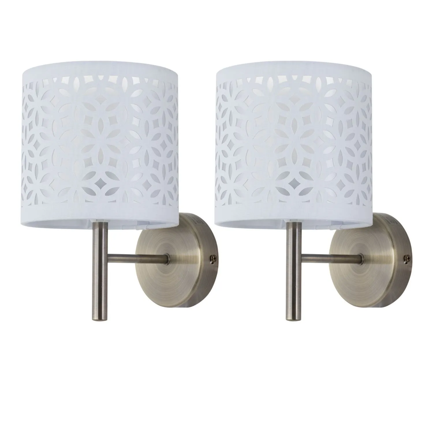 First Choice Lighting Set of 2 Brea - Antique Brass Wall Lights with White Cut Out Shade in Gold