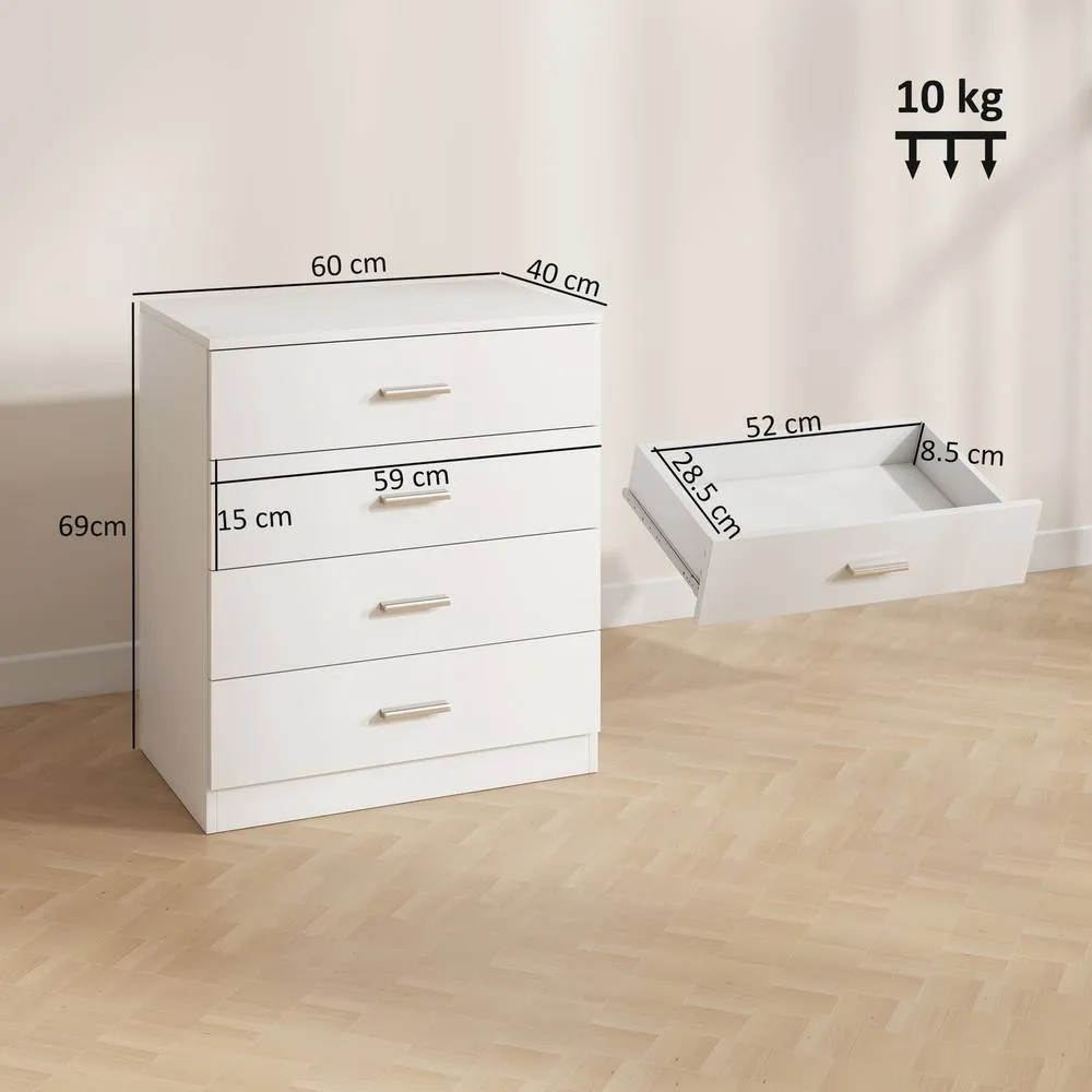 HOMCOM Storage Cabinet Vertical Drawer Chest of 4 with Metal Rails Anti Tip in White 3