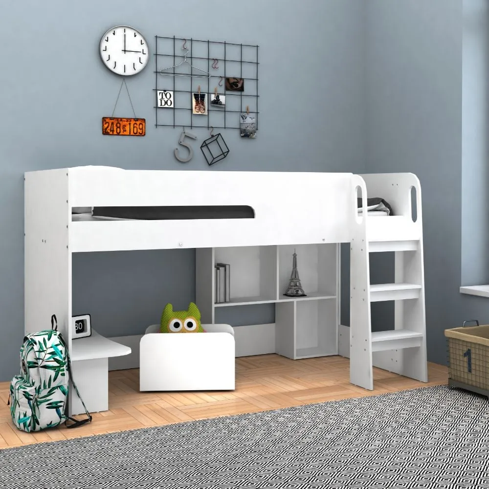 Kudl - Single – Mid Sleeper with Mini-Desk, Bookcase and Toybox - White - Wooden - 3ft 1