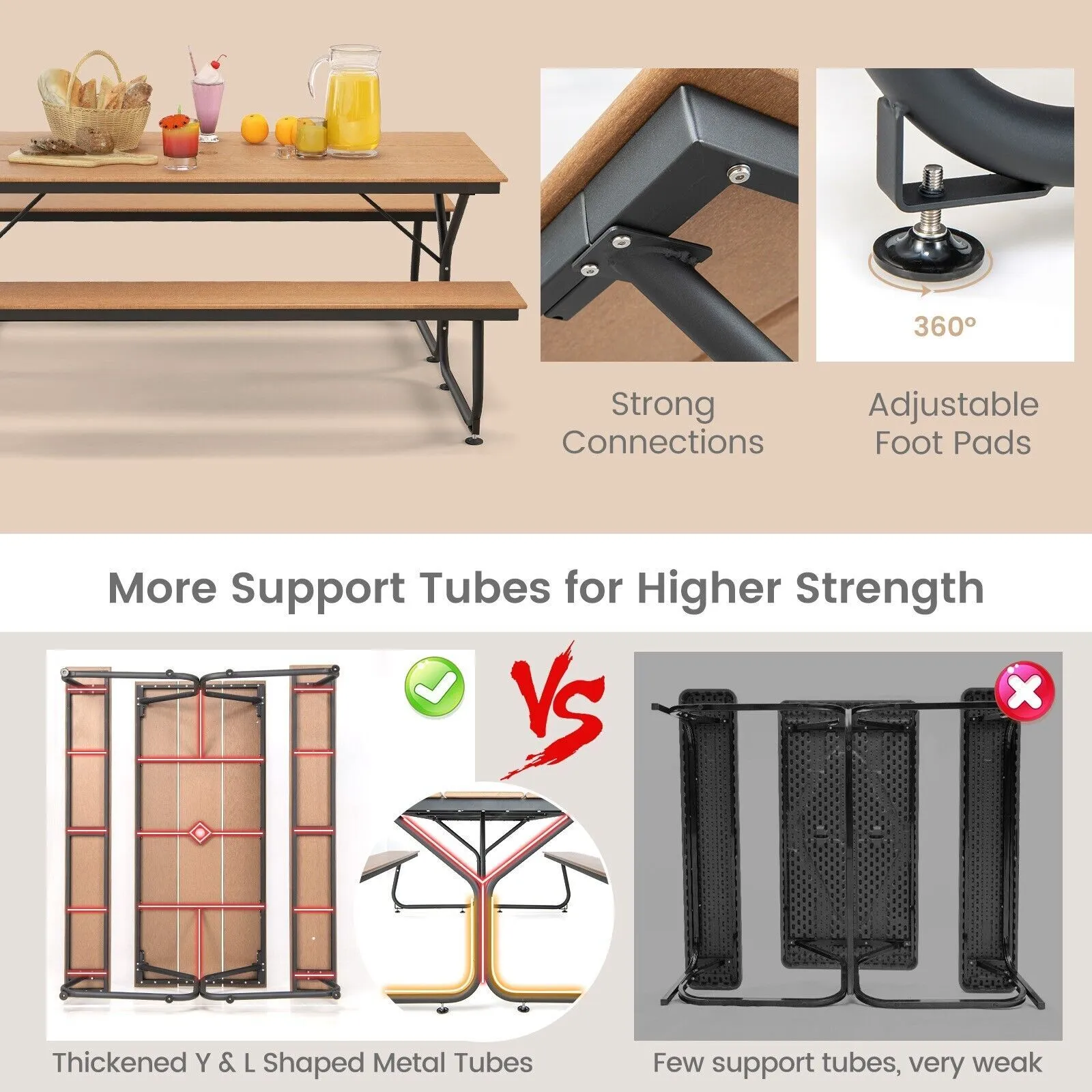 Costway Outdoor Dining Table & 2 Benches Picnic Table Bench Set w/ Umbrella Hole in Brown 4