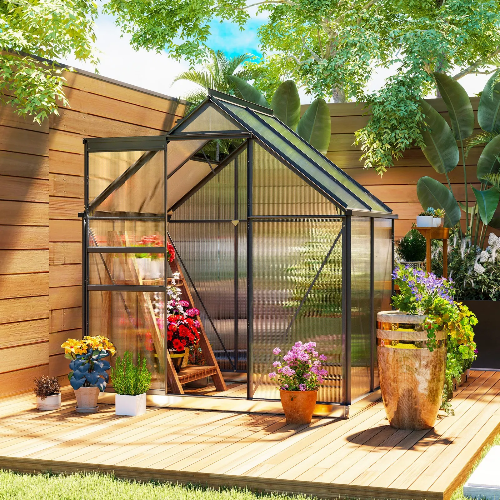 OUTSUNNY Polycarbonate Walk-in Garden Greenhouse w/ Sliding Door Grey