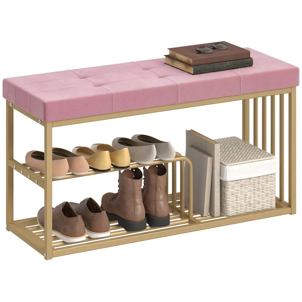 HOMCOM Shoe Storage Bench with Seat Cushion Tufted Shoe Rack Bench in Pink 2