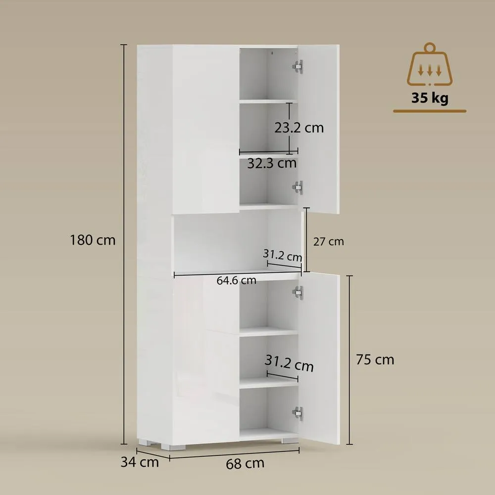 HOMCOM 180cm Tall Kitchen Cupboard, Pantry Storage Cabinet in White 3