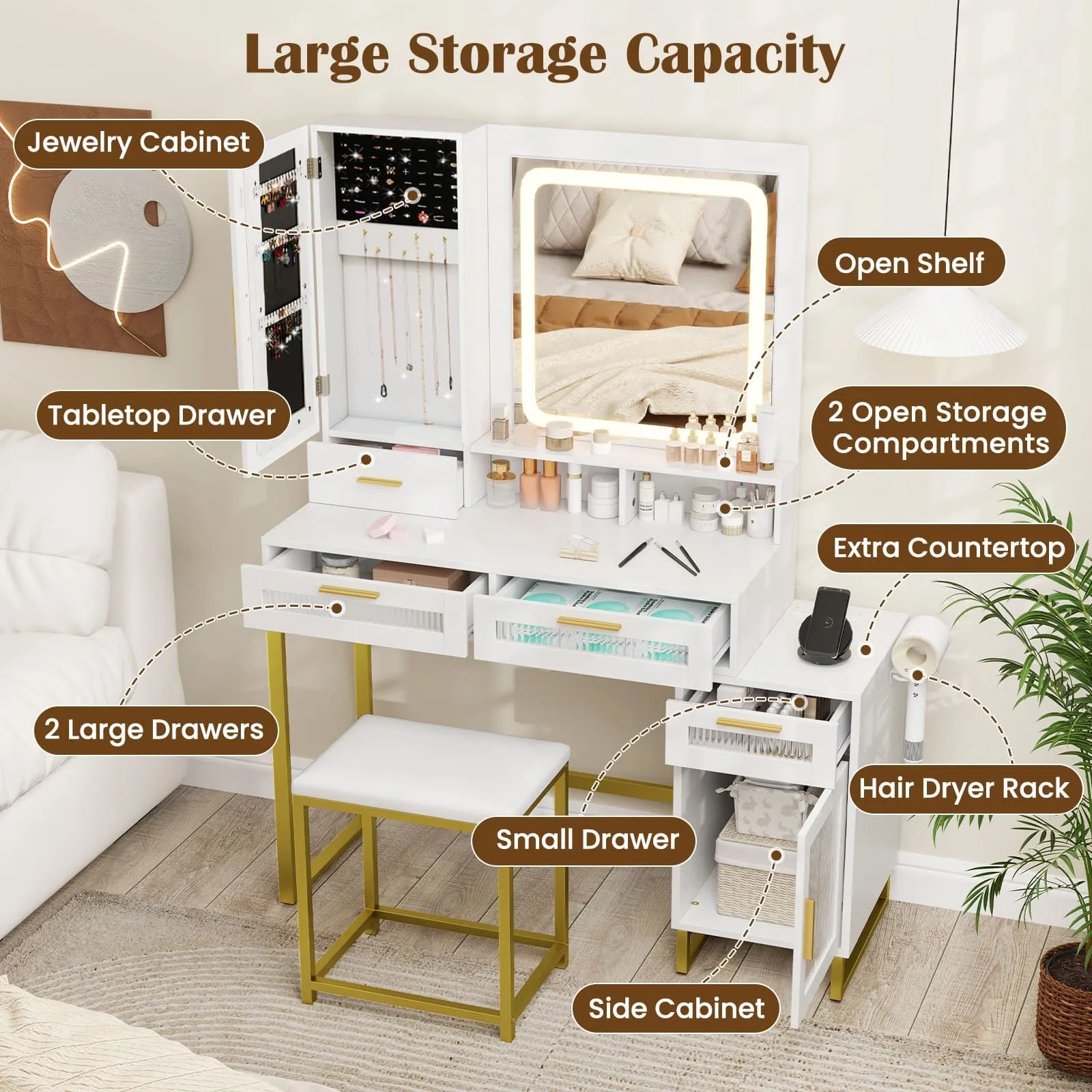 Costway Modern Vanity Set Dressing Table & Chair Set w/ Adjustable Brightness in White 3