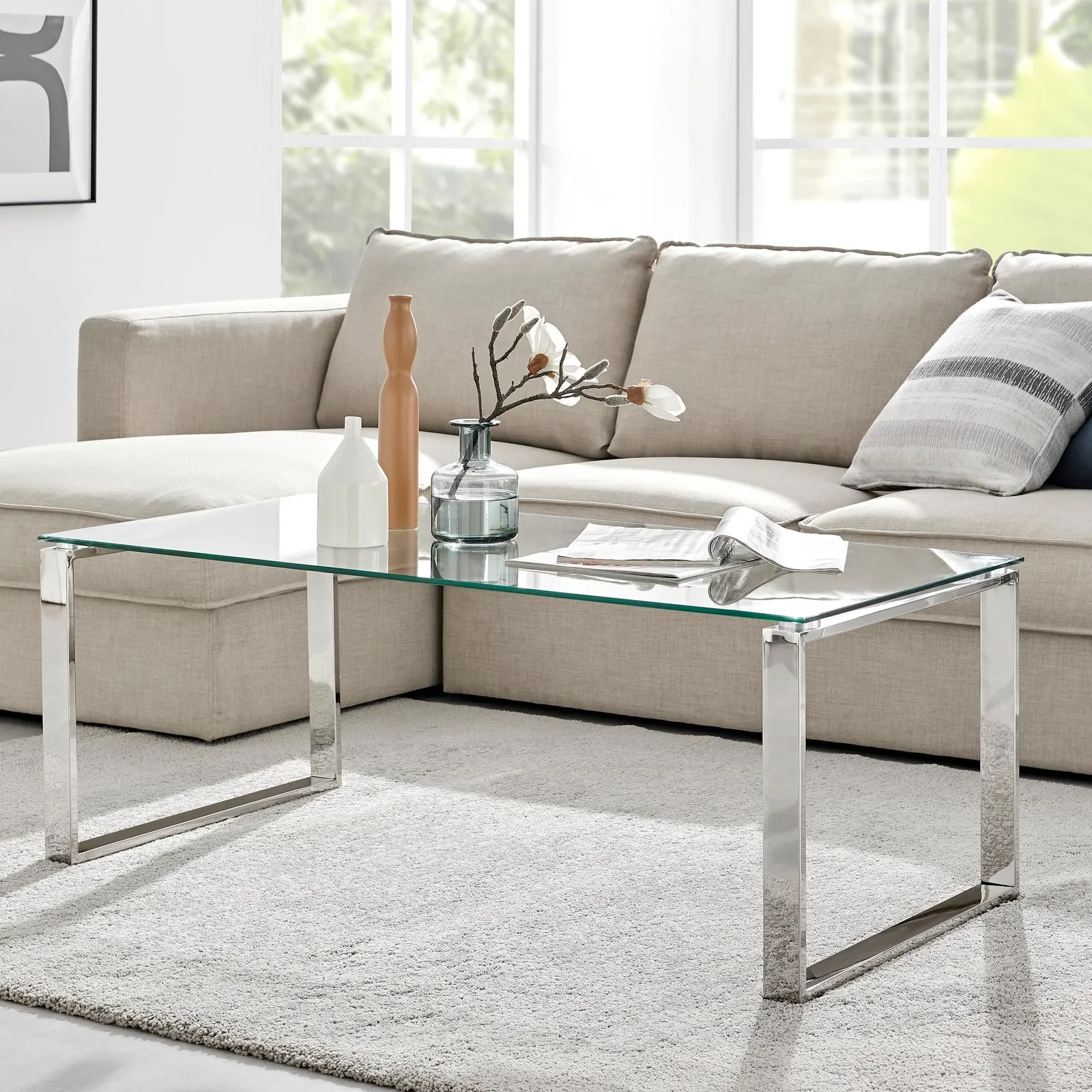 FurnitureboxUK Miami Modern Rectangular Clear Glass Coffee Table with Square Silver Chrome Metal Legs for Minimalist Living Room