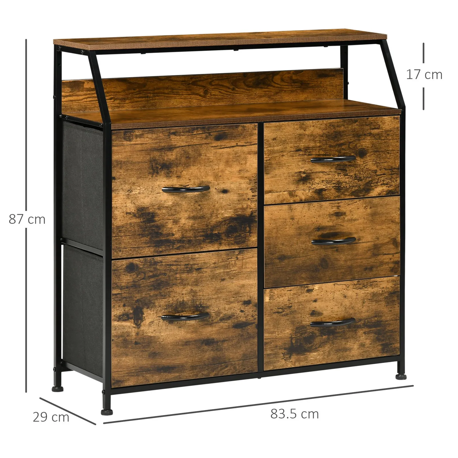 HOMCOM Industrial Drawer Chest 5 Drawers Dresser with Open Shelf in Brown 3