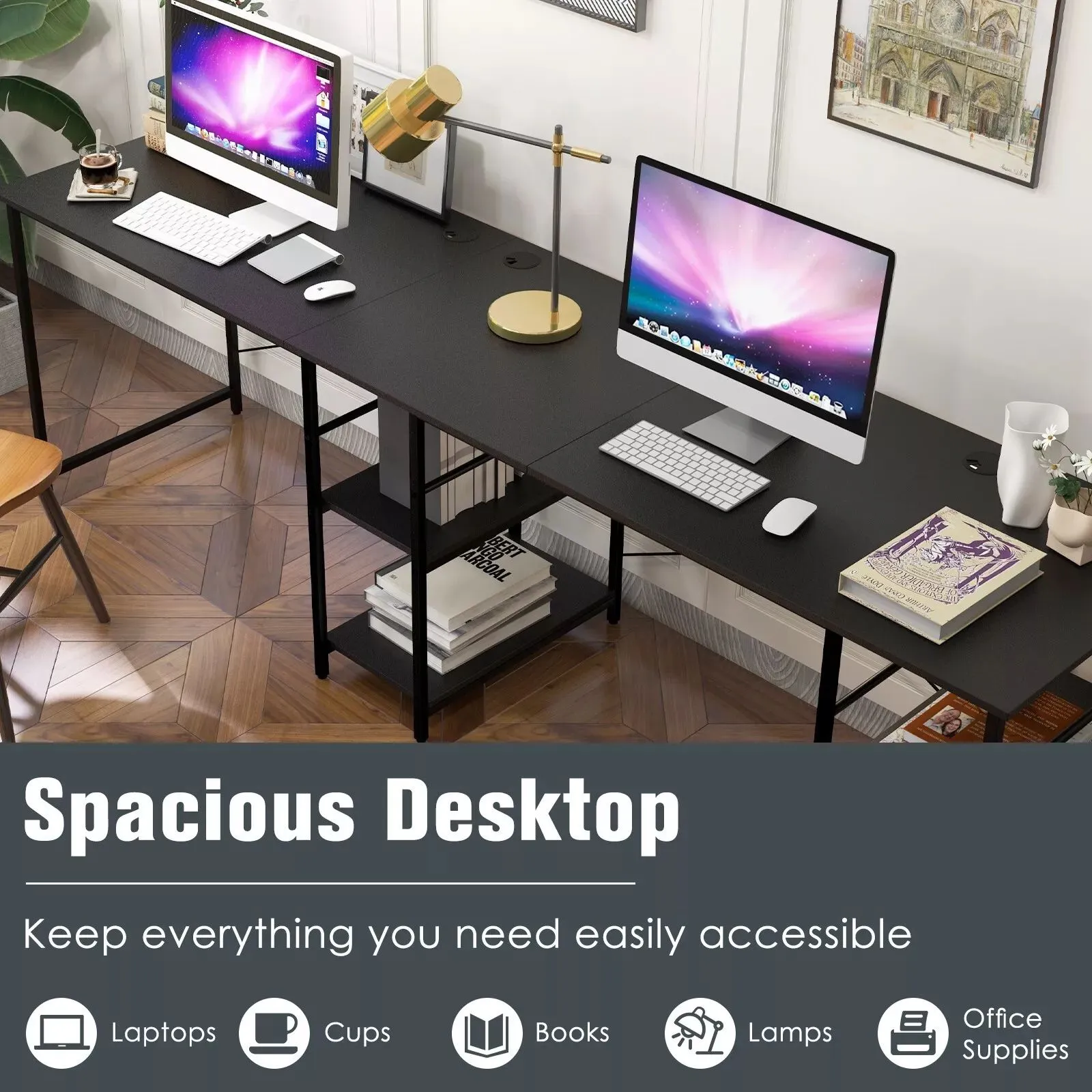 Costway L-Shaped Corner Computer Desk Study Writing Desk Home Office Workstation with Storage Shelf in Black 4