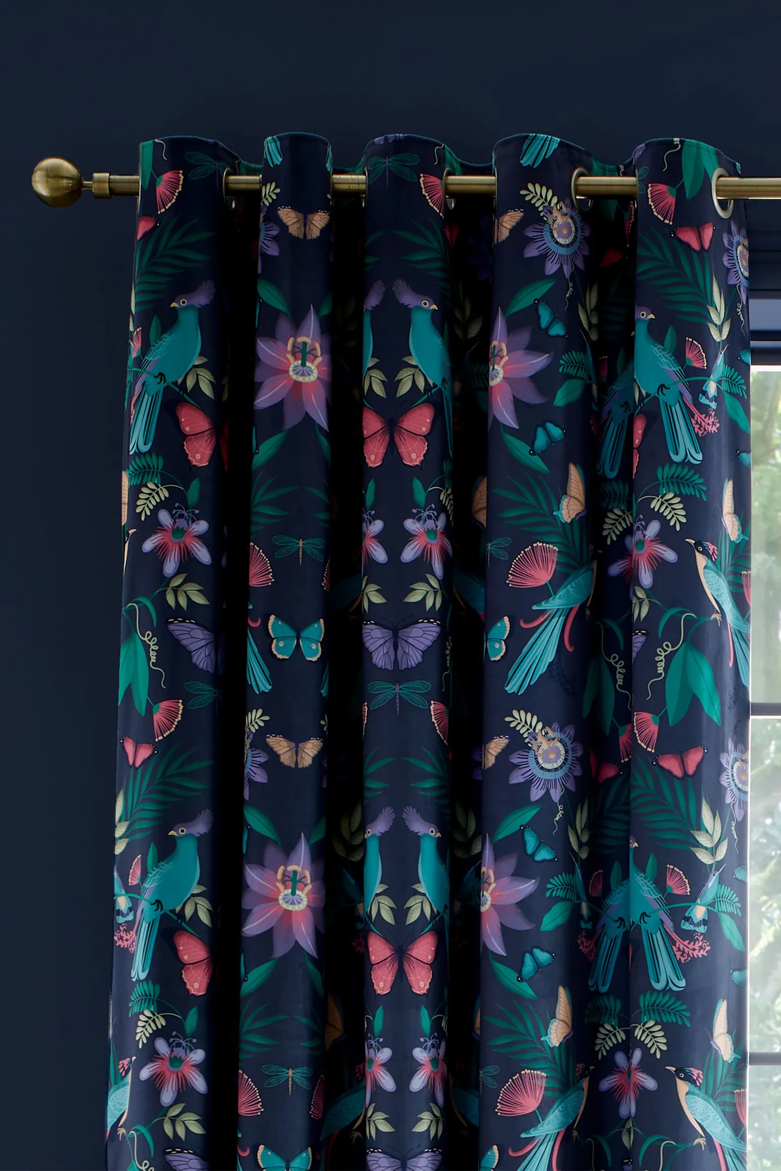 Catherine Lansfield 'Mya Tropical Floral' Lined Eyelet Curtains in Navy 3