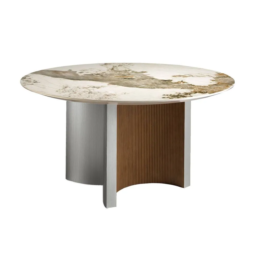 Angel Cerda Round Dining Table Porcelain Marble Top Walnut in Metallic Silver