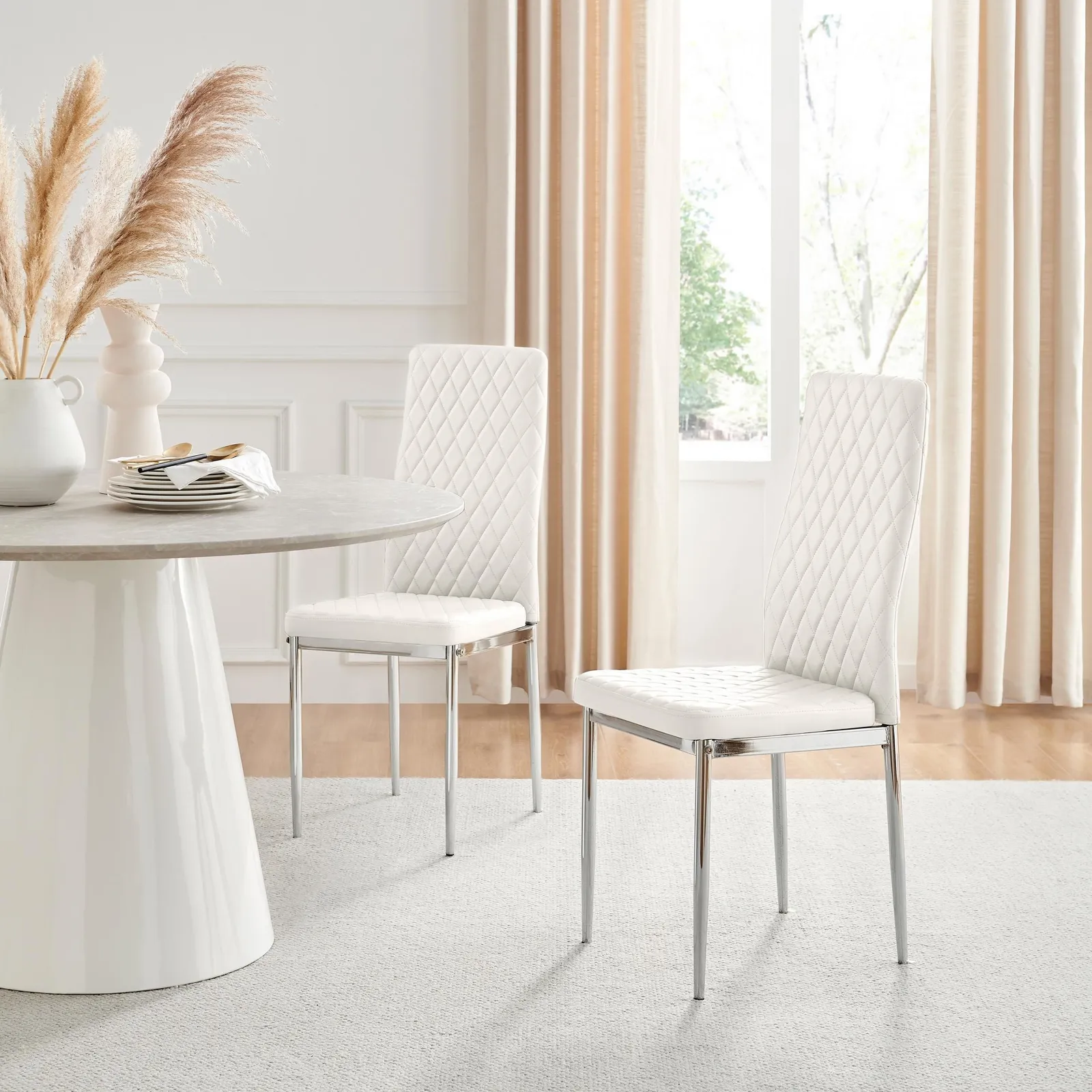 FurnitureboxUK Set of 4 Milan High Back Soft Touch Diamond Pattern Faux Leather Dining Chairs With Silver Chrome Metal Legs in White