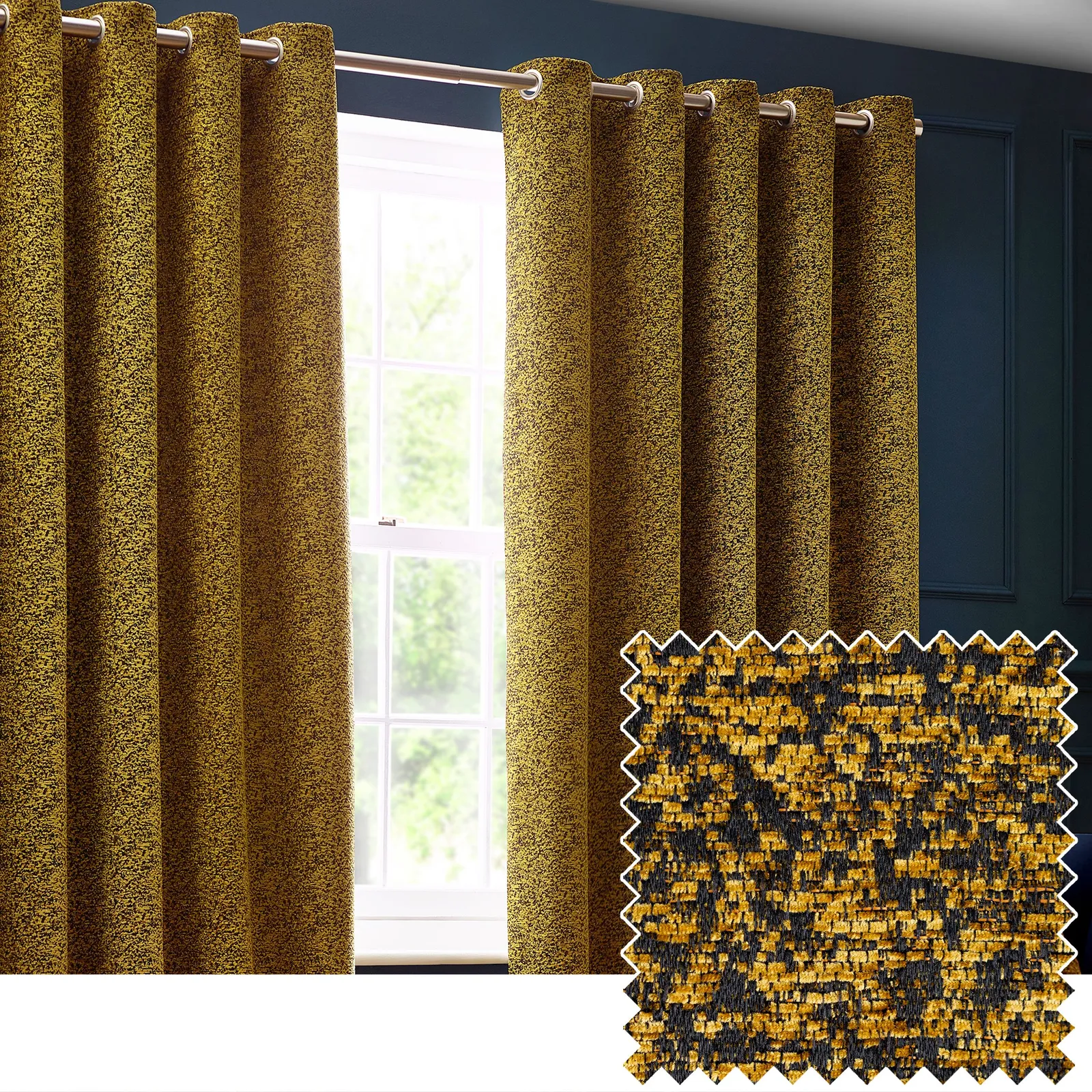 Paoletti Galaxy Velvet Chenille Eyelet Curtain Pair in Gold