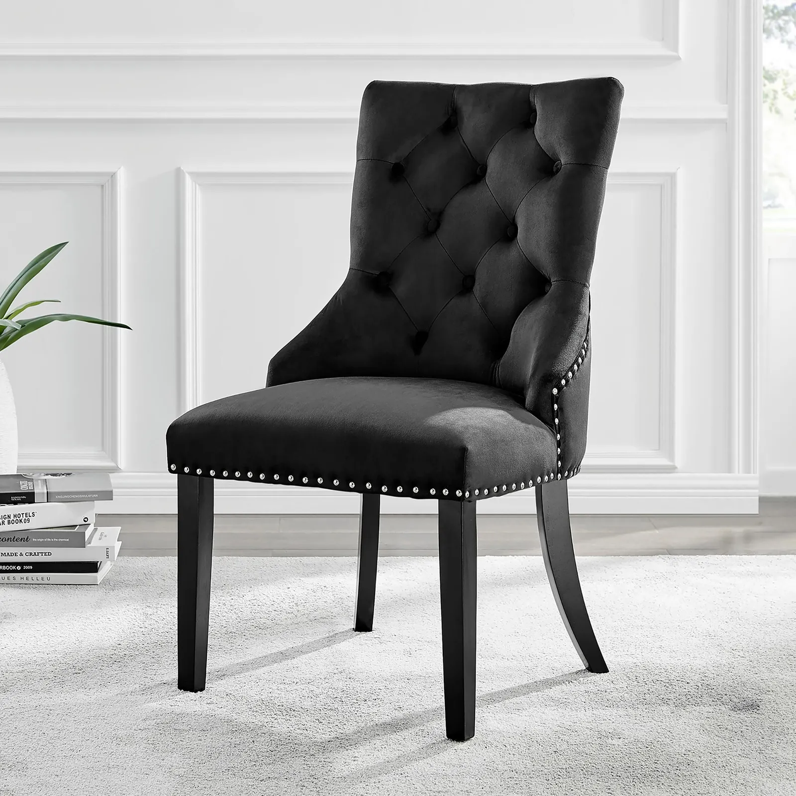 FurnitureboxUK Set of 2 Belgravia Deep Padded Soft Velvet & Chrome Knockerback Dining Chairs With Black Powder Coated Legs