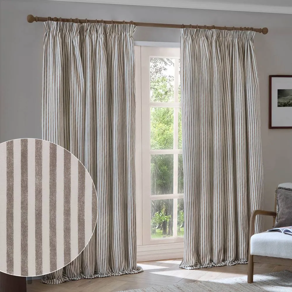 Yard Hebden Striped 100% Cotton Blackout Pencil Pleat Curtain Pair in Light Brown 1