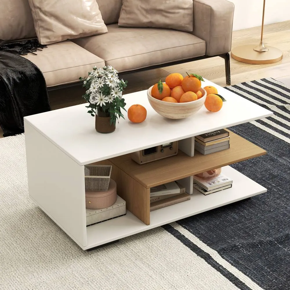 Costway Modern Rectangular Center Table Wooden Coffee Table w/ L-shaped Middle Shelf in White