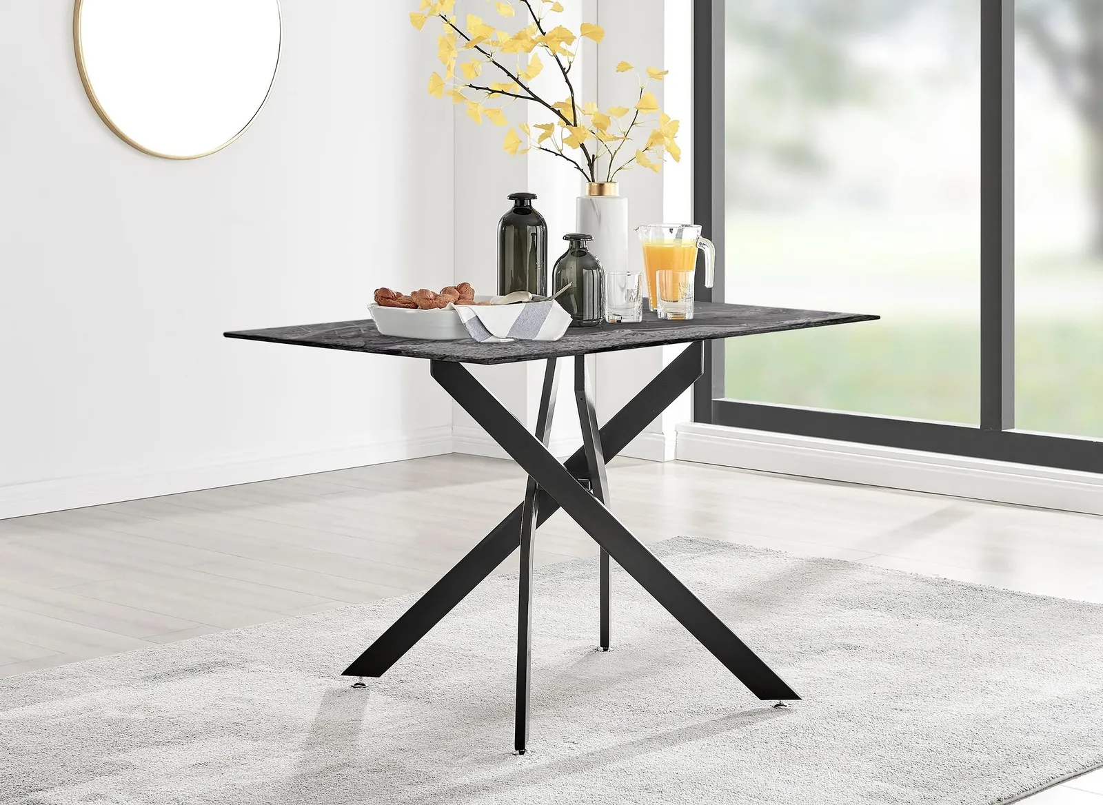 FurnitureboxUK Leonardo Grey Glass Marble Effect Black Leg Table & 4 Milan Black Leg Chairs in Beige 2