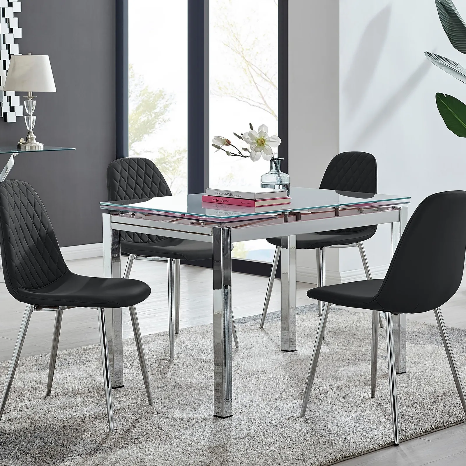 FurnitureboxUK Enna White Glass Extending 4-6 Seater Dining Table & 4 Corona Faux Leather Chairs in Black 1