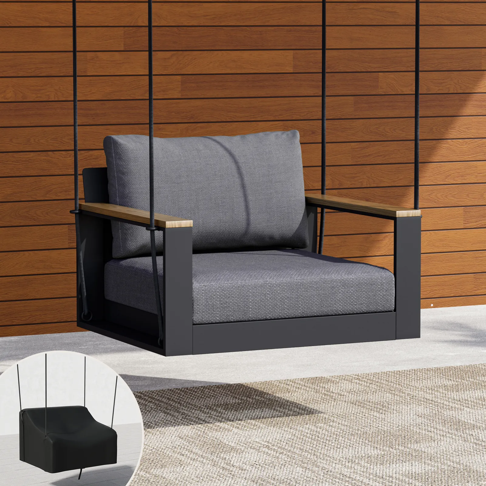 Tevara Outdoor Swing Sofa in Dark Grey with Cushion & Black Cover