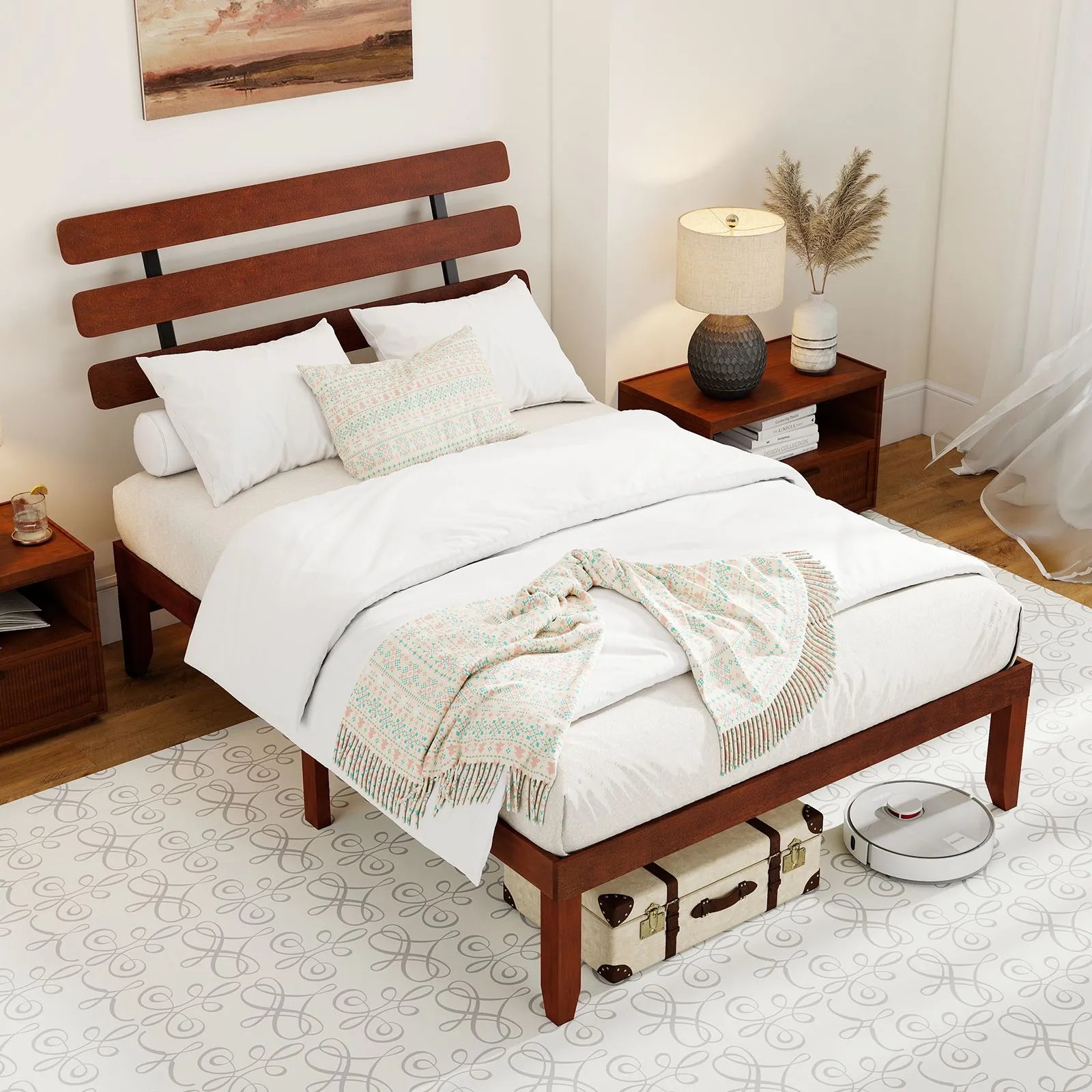 Costway Double Size Bed Frame Solid Wood Platform Bed w/ Headboard in Walnut 4