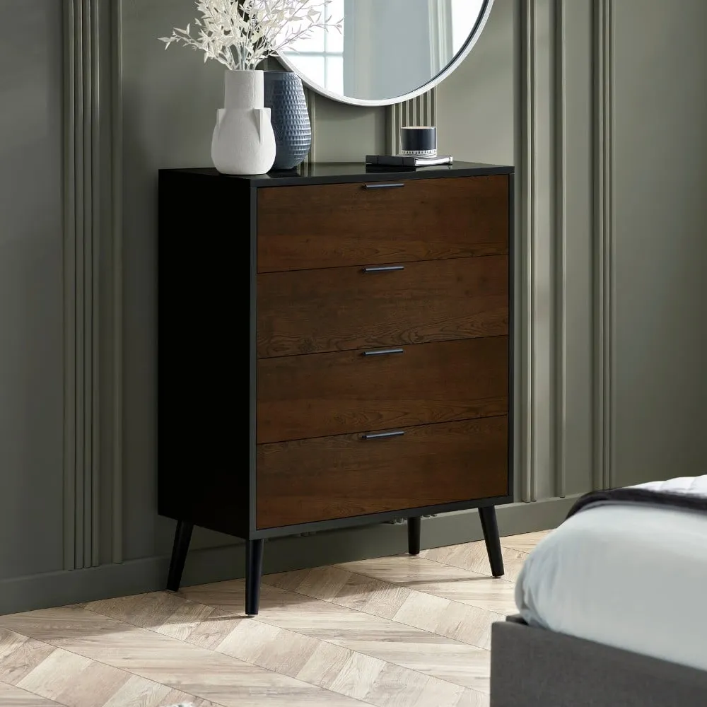 Alba – 4-Drawer Wide Chest of Drawers – Walnut and Black – Lacquered MDF - Happy Beds