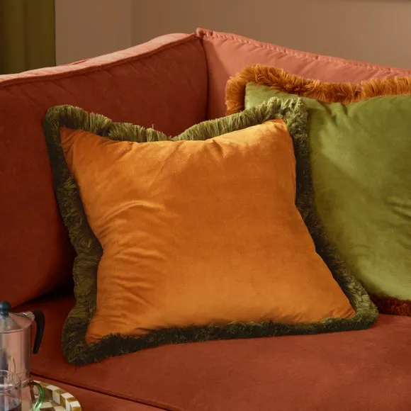 Furn Halo Fringed Velvet Cushion Ginger/Olive 50 X 50Cm, Orange