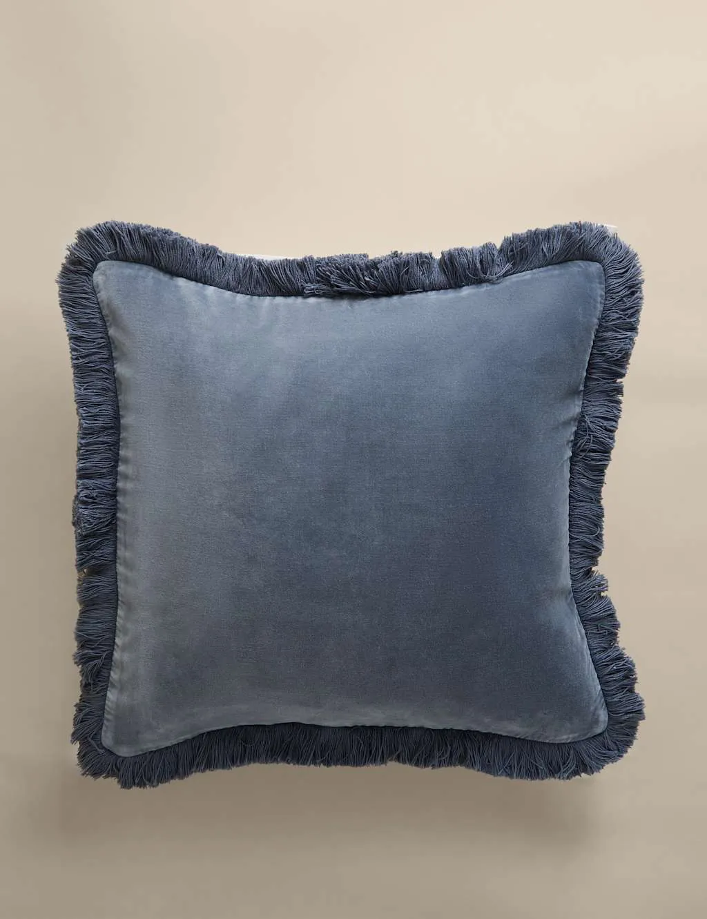M&S Pure Cotton Velvet Fringed Cushion Slate Blue