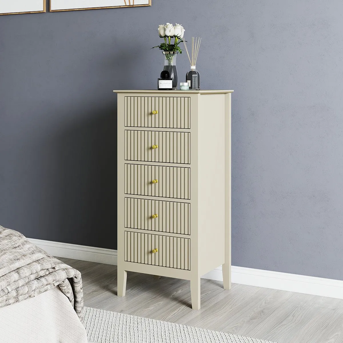 Melody Maison 6 Drawer Chest Of Drawers, Tall 5 Drawer Bedside Table, Pair Of 3 Drawer Bedside Tables & Dressing Table Set - Hales Taupe Range 3