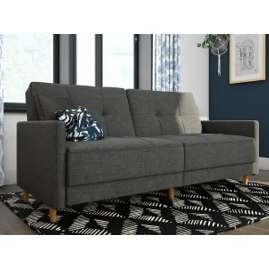 Andora Leather Sprung Sofa Bed In Grey Linen With Wooden Legs