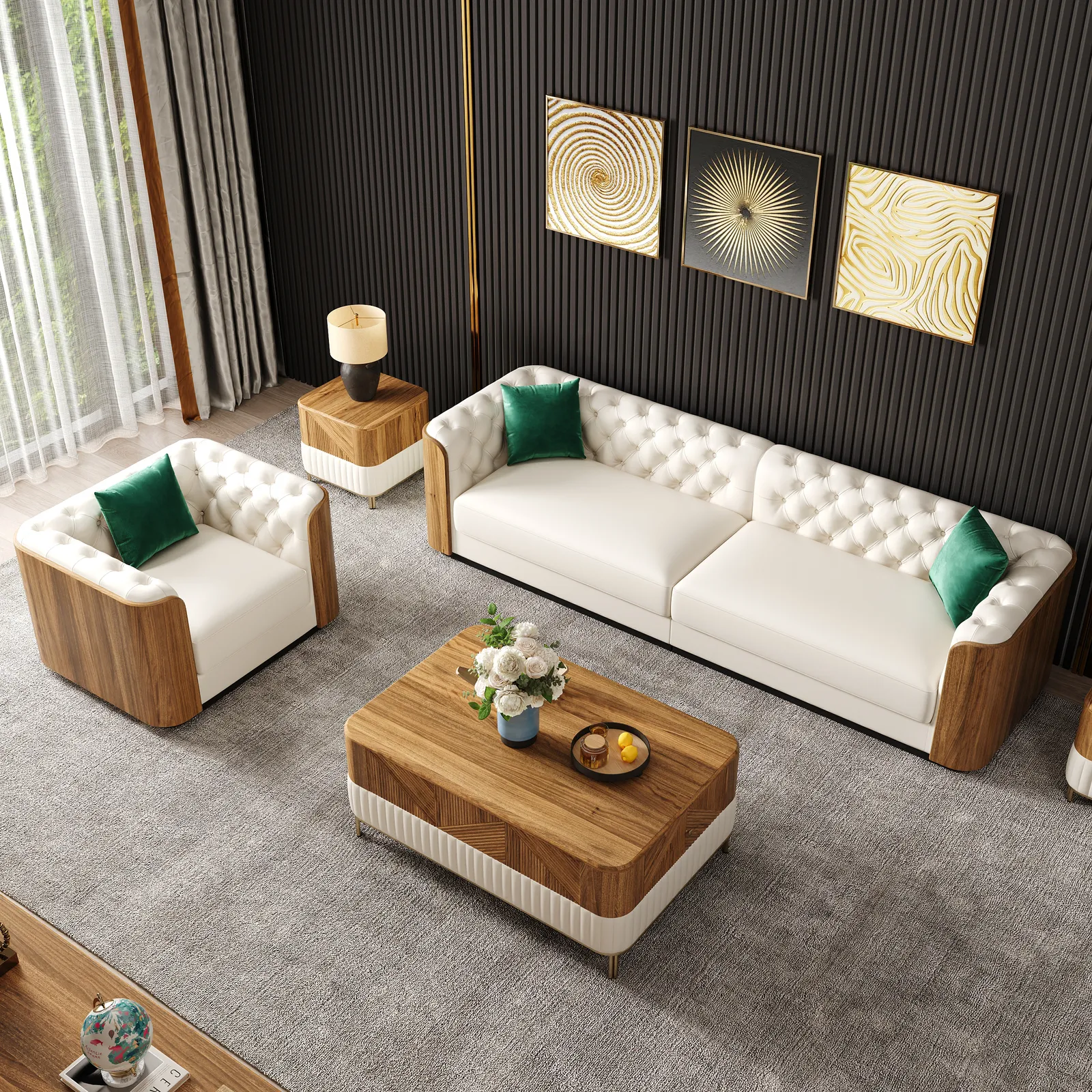 Wovent 111" Modern Faux Leather Tufted Sofa Living Room Set of 2
