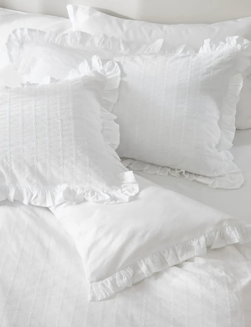 M&S Pure Cotton French Ruffle Embroidery Bedding Set White