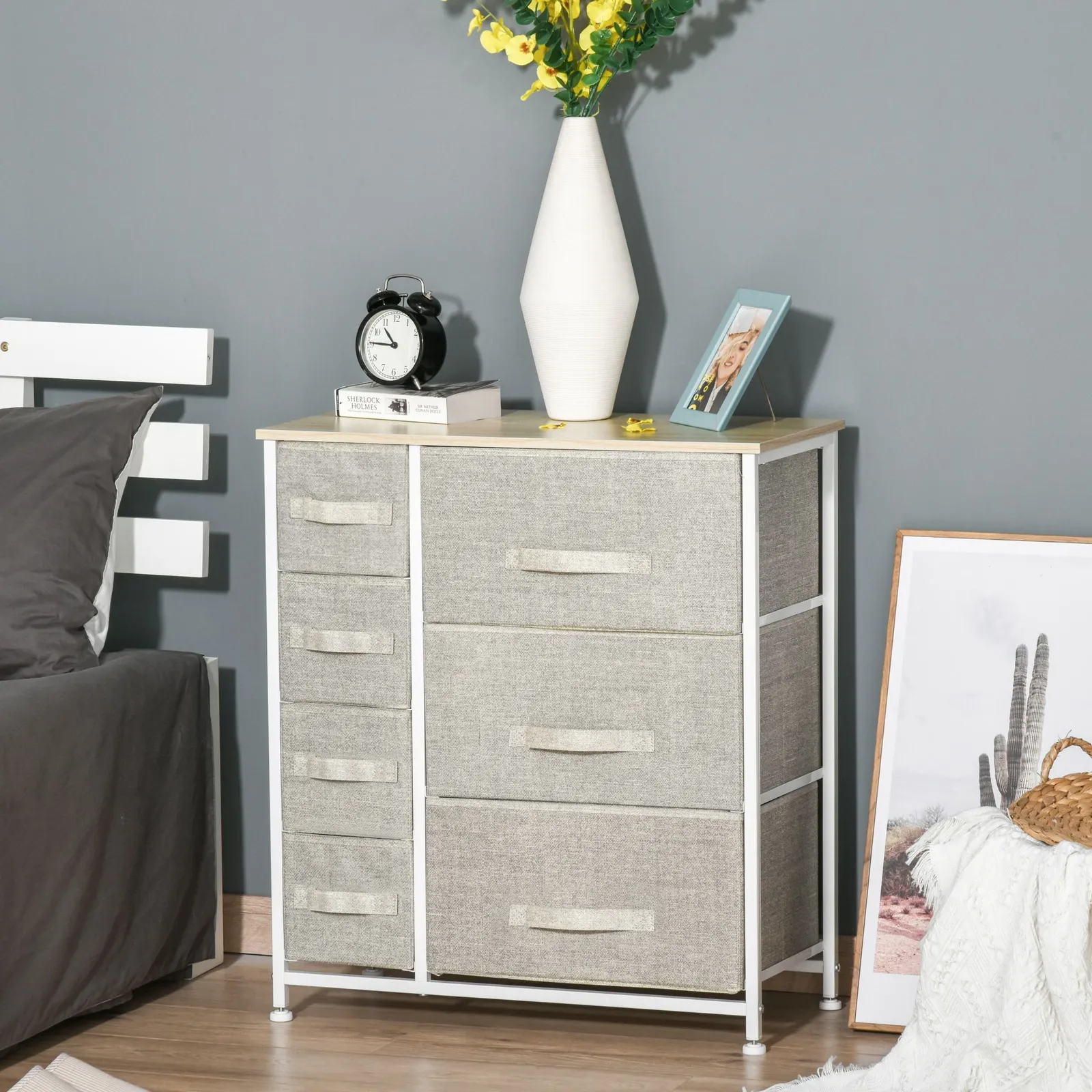 HOMCOM 7 Chest of Drawers Fabric Drawers with Metal Frame in Light Grey