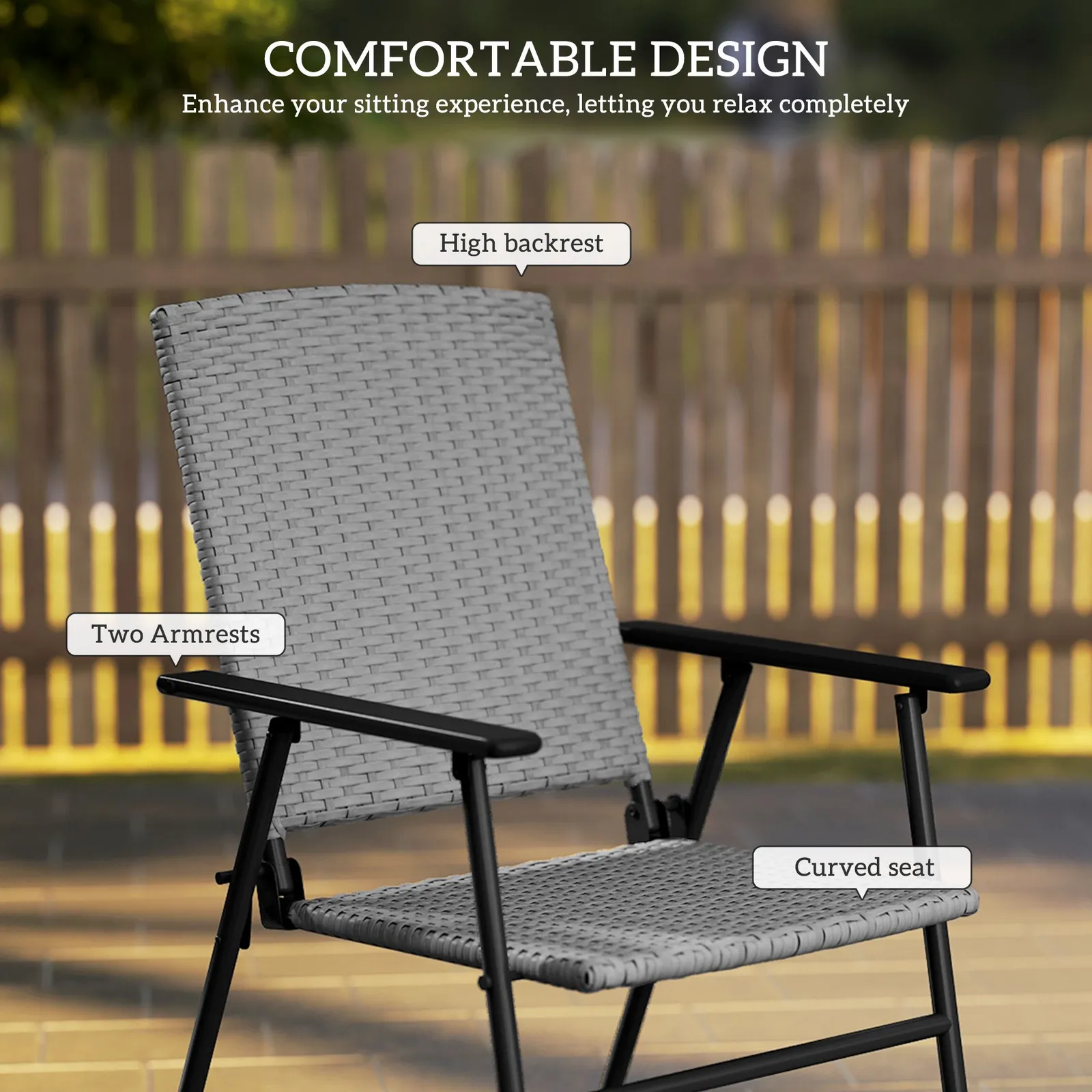 OUTSUNNY 2pcs Rattan Chair Foldable Garden Furniture w/ Armrest Grey 5