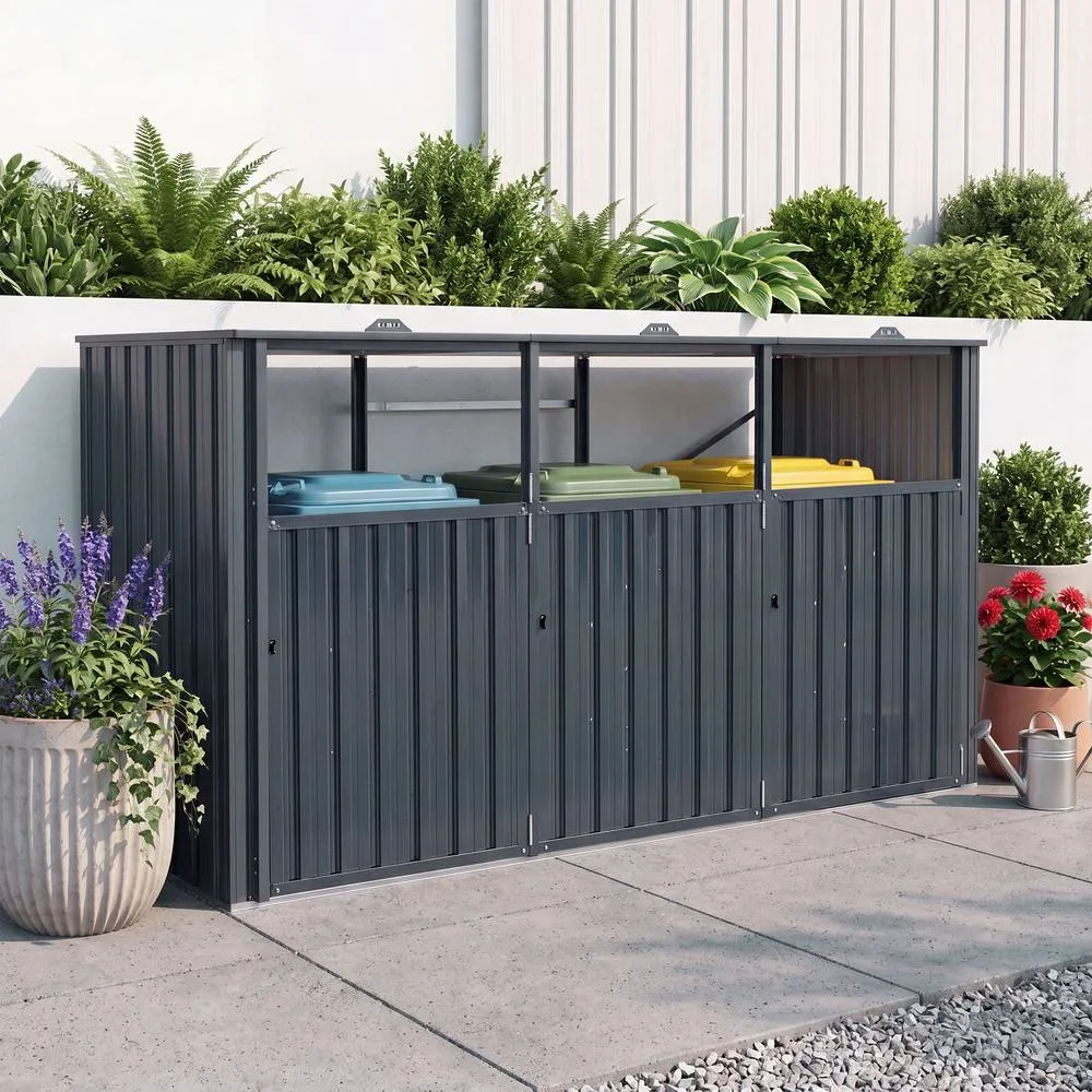 Costway 3-Bin Metal Trash Can Storage Shed 7.8x2.6FT Garbage Shed Flip-Up Lids in Grey 3