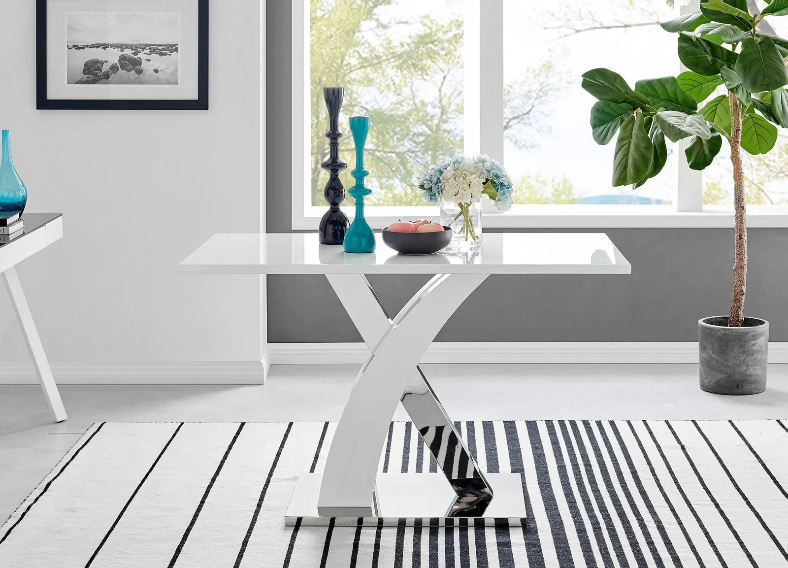 FurnitureboxUK Atlanta White High Gloss & Chrome 4 Seater Dining Table with X Shaped Legs & 4 Faux Leather Milan Chairs in Mustard 2