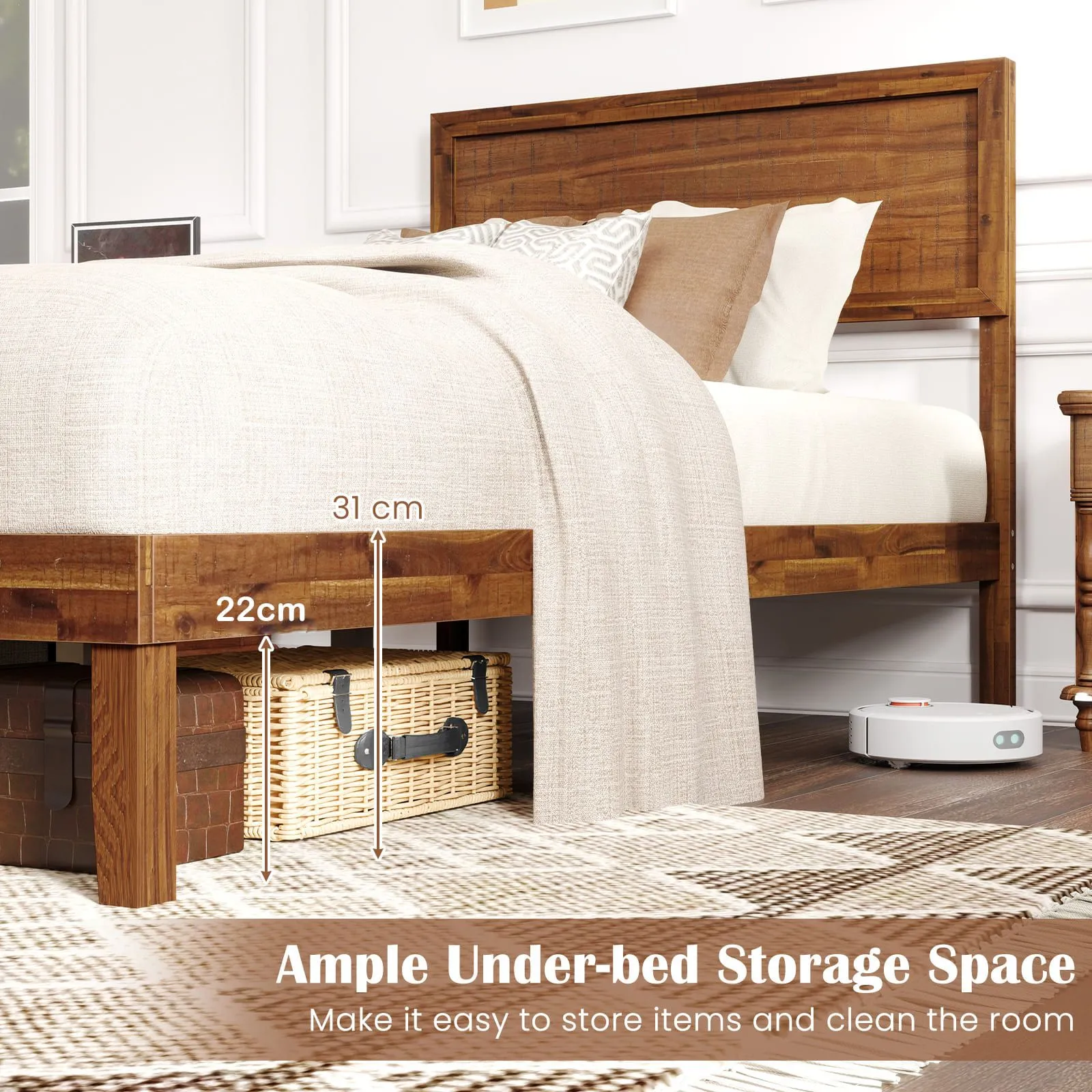 Costway Single Size Bed Frame Acacia Wood Platform Bed w/ Headboard in Walnut 3