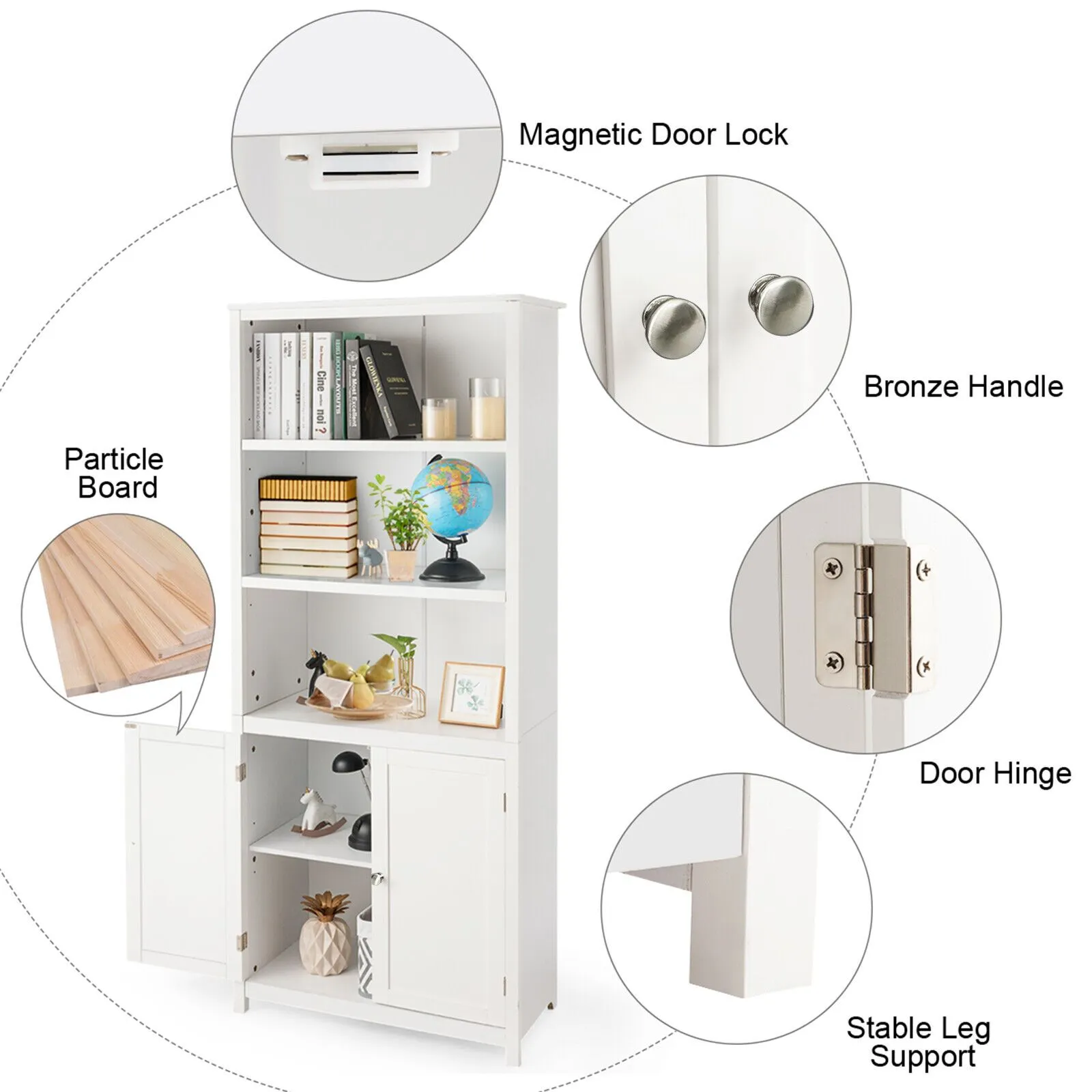Costway Wooden Tall Bookcase 3-Tier Shelving Storage Cabinet 2 Doors Display Organizer in White 5