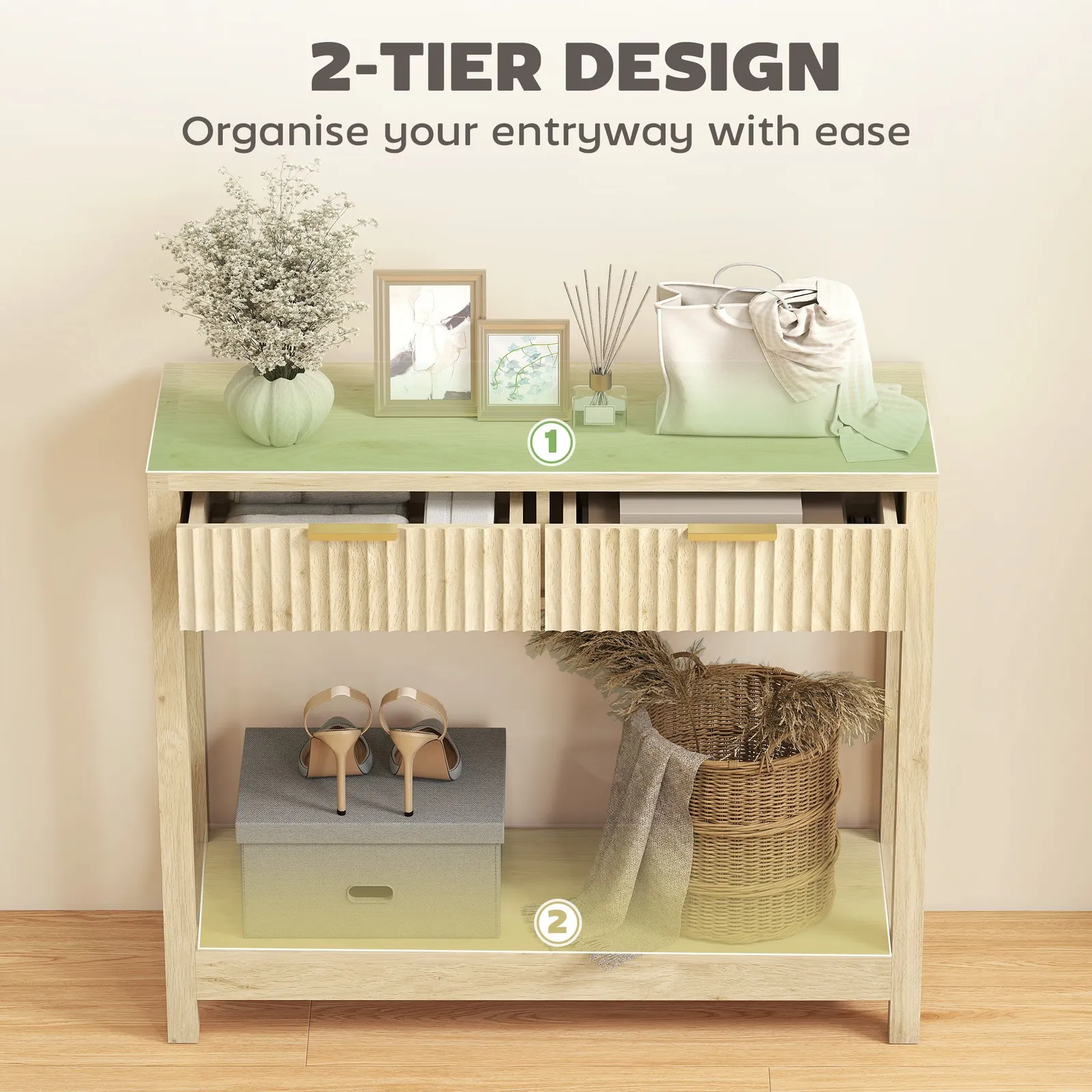 HOMCOM Modern Console Table with Fluted Panel Drawers, Narrow Hallway Table in Natural 4