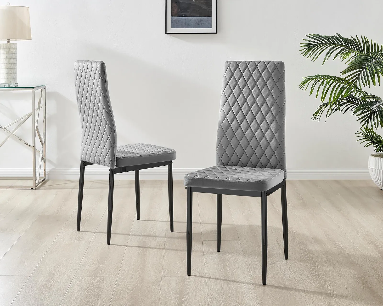 FurnitureboxUK Set of 4 Milan High Back Soft Touch Diamond Pattern Velvet Dining Chairs With Black Powder Coated Metal Legs in Grey 2