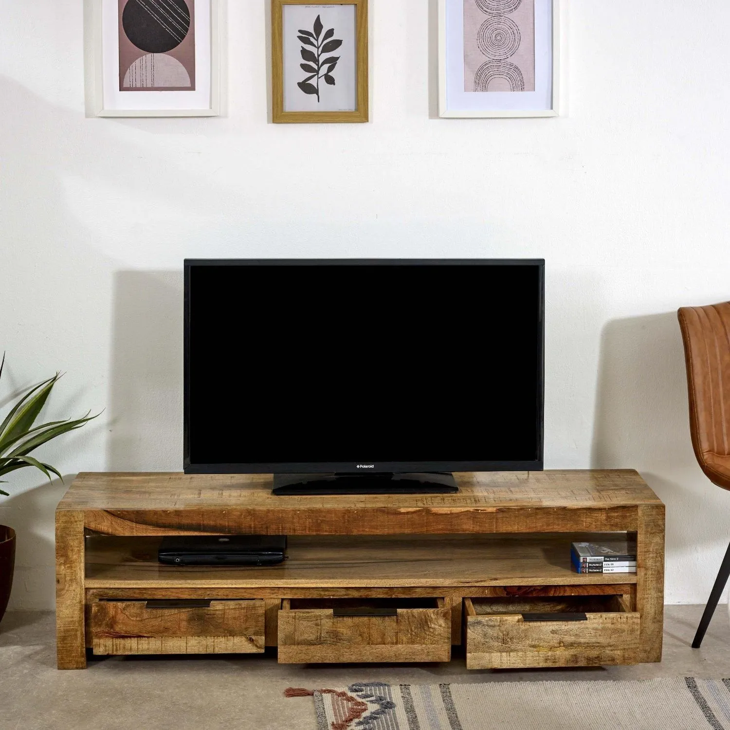 IH Design Bratton Mango Wooden Large TV Stand With 3 Drawers in Brown
