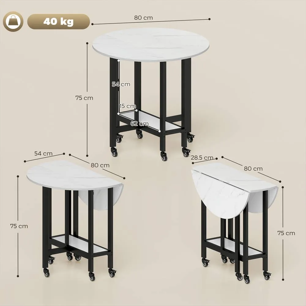HOMCOM Folding Dining Table, Drop Leaf Table with Open Shelf, White Marble 3
