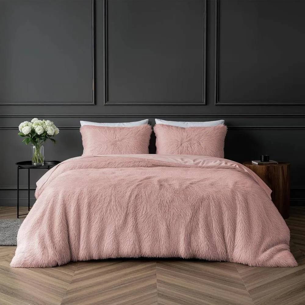 Smart Living Luxury Long Pile Faux Fur Duvet Cover with Pillowcases in Pink 1