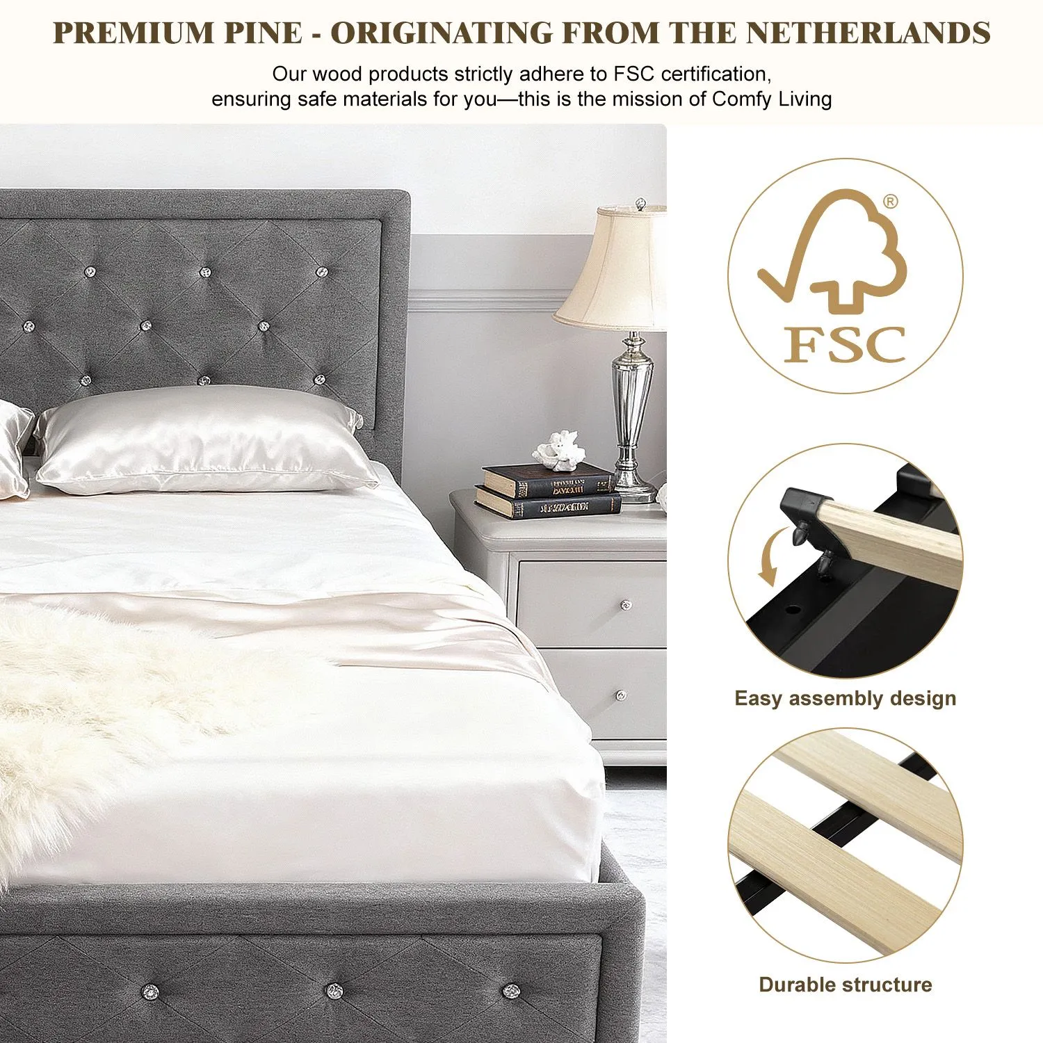 Comfy Living Ltd Grey Fabric Diamante Ottoman Bed Frame 5