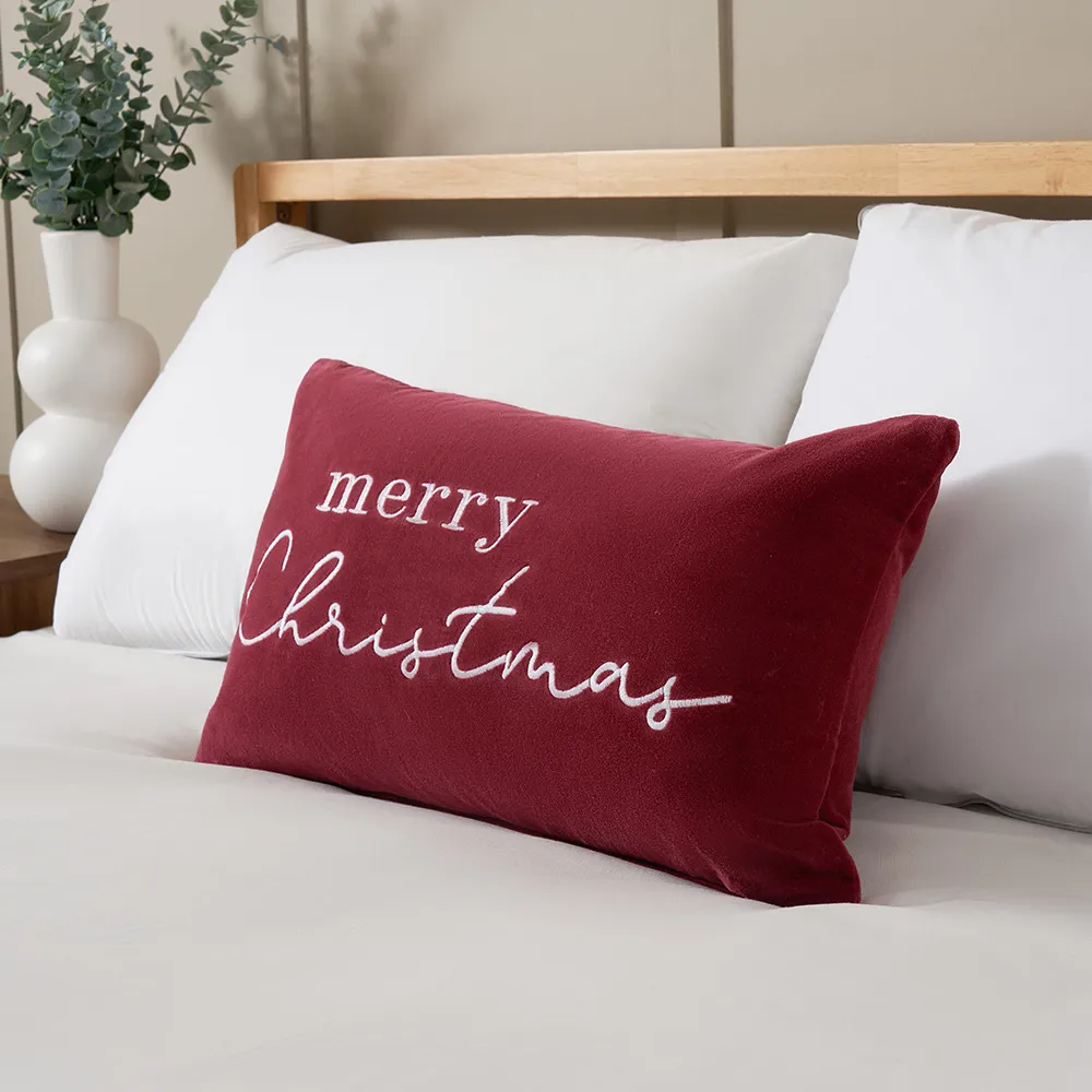 Merry Christmas Embroidered Boudoir Cushion, Merlot