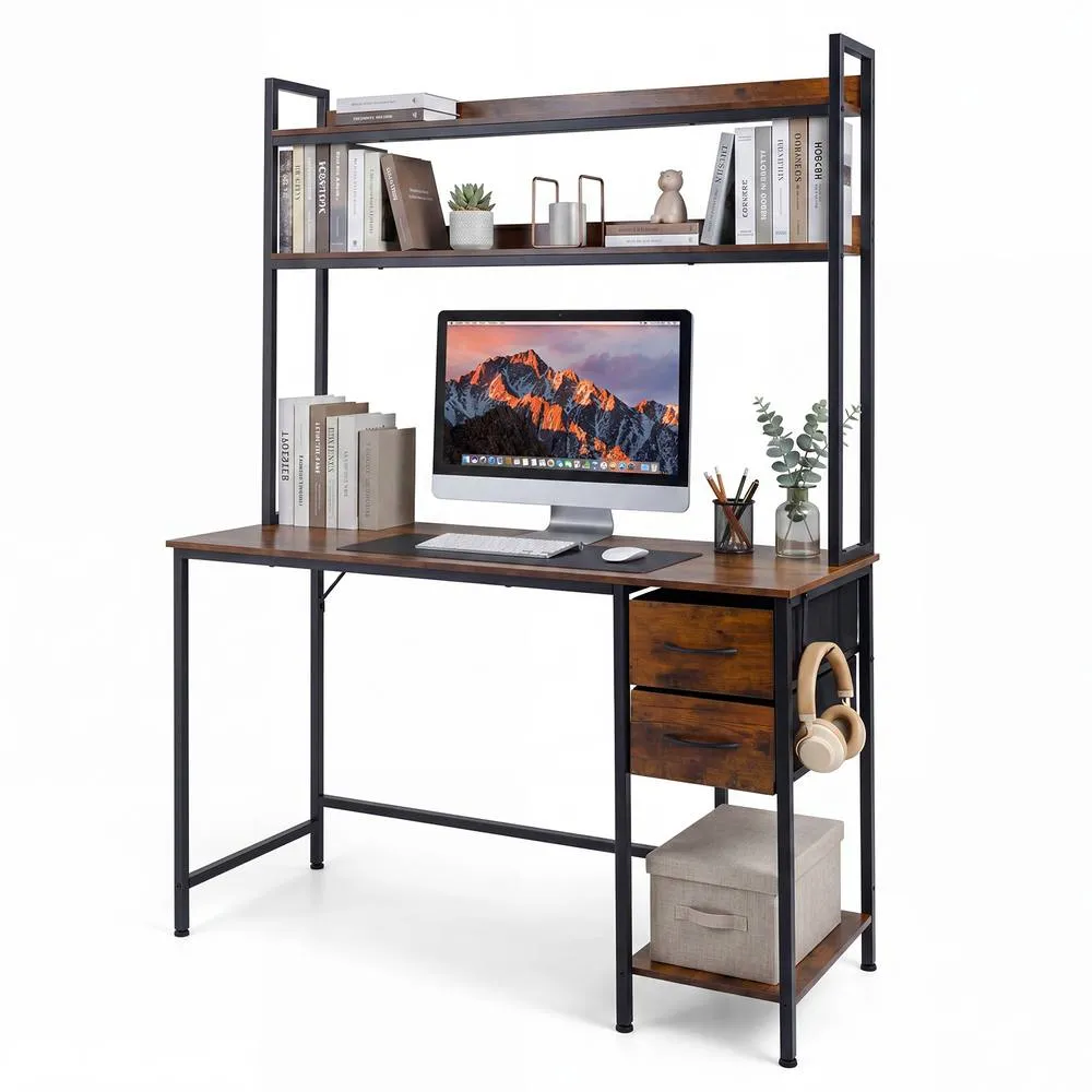 Costway Computer Desk with Hutch Reversible Executive Desk with Fabric Drawers in Brown