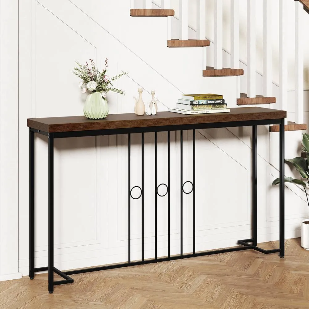 Costway Industrial Console Table 140CM Narrow Entryway Table Behind Sofa Table in Brown