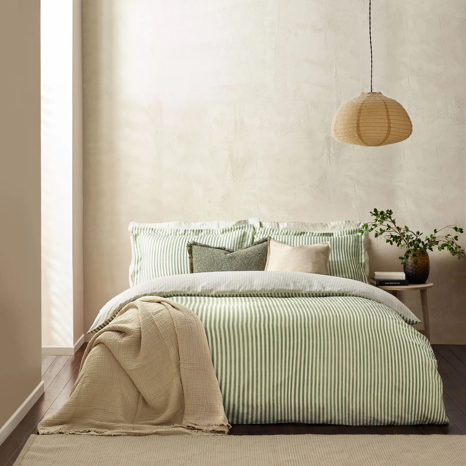 Yard Hebden Striped 100% Cotton Duvet Cover Set in Green 1