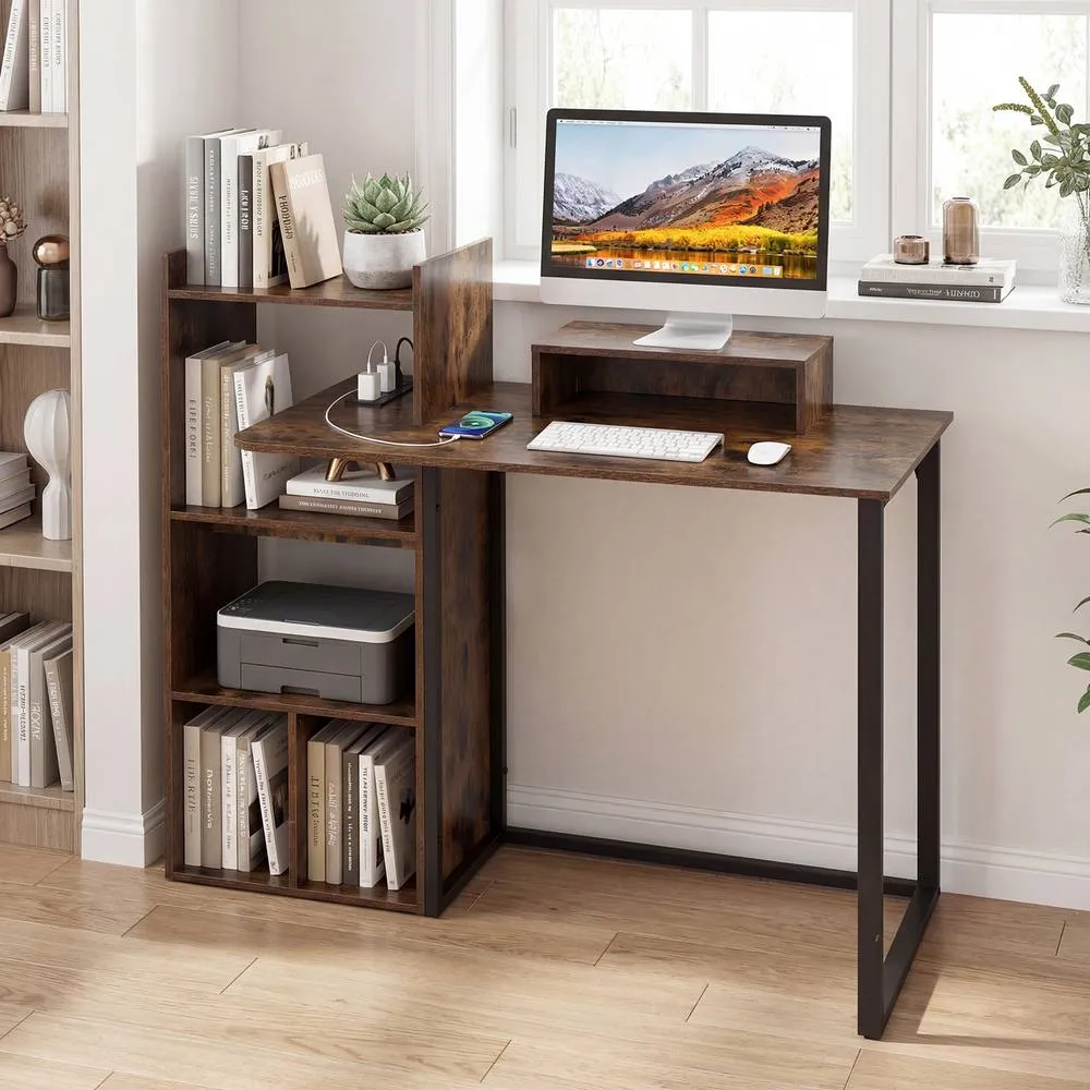 Costway 110CM Computer Desk Study Desk w/ Monitor Stand & Charging Station in Brown 5